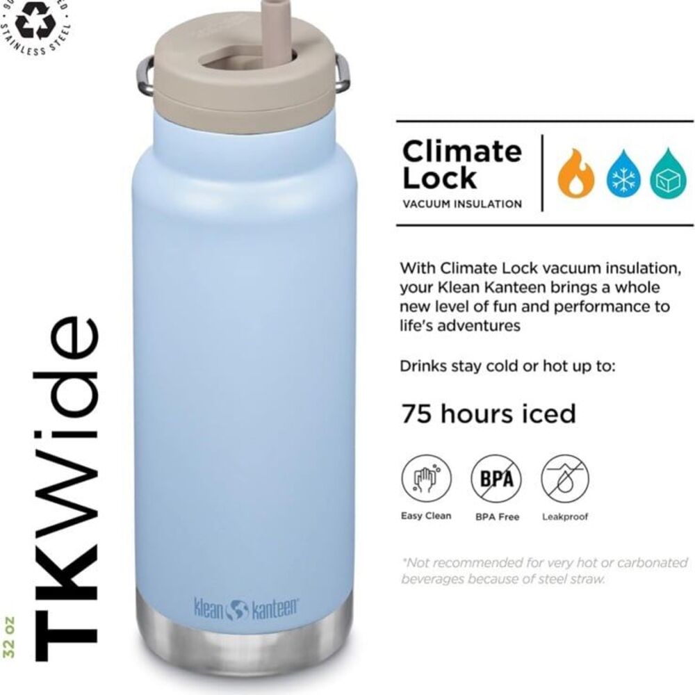 Klean Kanteen 32oz TKWide Insulated Water Bottle with Twist Cap Clear Sky NWT